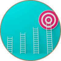 A series of white ladders are leaned against an aqua wall; each ladder is taller than the previous, symbolizing adaptation. 