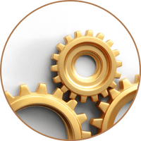 Three gold gears interlace, symbolizing working