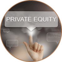 A finger points to a digital speech bubble containing the words "private equity"