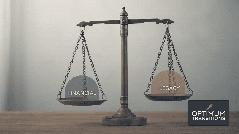 A tabletop scale in balance, with financial factors weighing equally against legacy preservation, employee welfare, and community impact