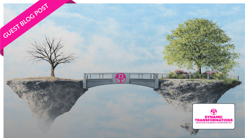 A bridge with the Dynamic Transformation logo connects a desolate floating island to a luscious floating island