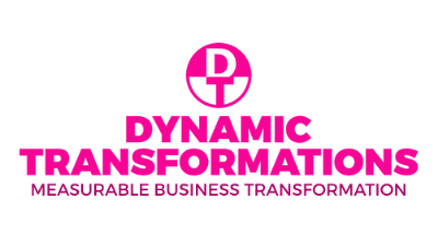 DT Logo with text, "Dynamic Transformations" in bright pink, followed by "Measurable Business Transformation" in darker pink