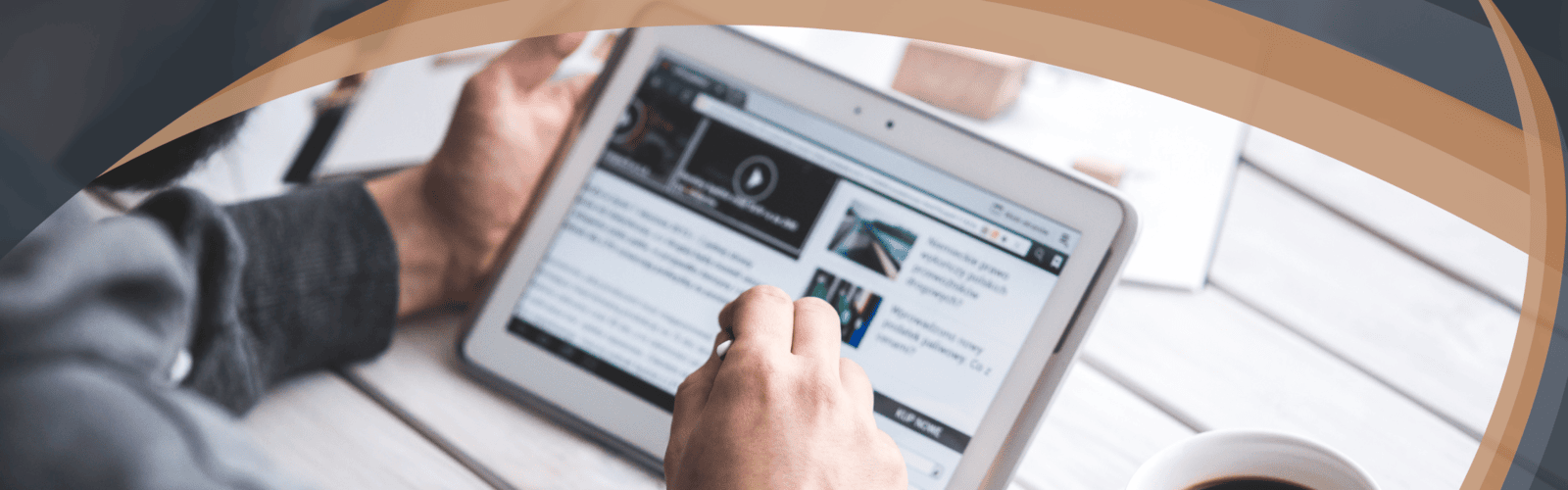 Person reading a newsletter on a tablet, symbolizing Optimum Transitions' monthly market analysis, strategic insights, and practical guidance for informed business transition decisions